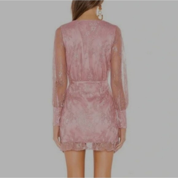 Lovers + Friends "Abigail" Lace Long Sleeve Mini Dress Metallic Rose Size Small - Picture 3 of 16